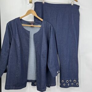 Women's Dark Wash Denim Pant Suit 20W Cropped Studded Workwear Career Casual‎